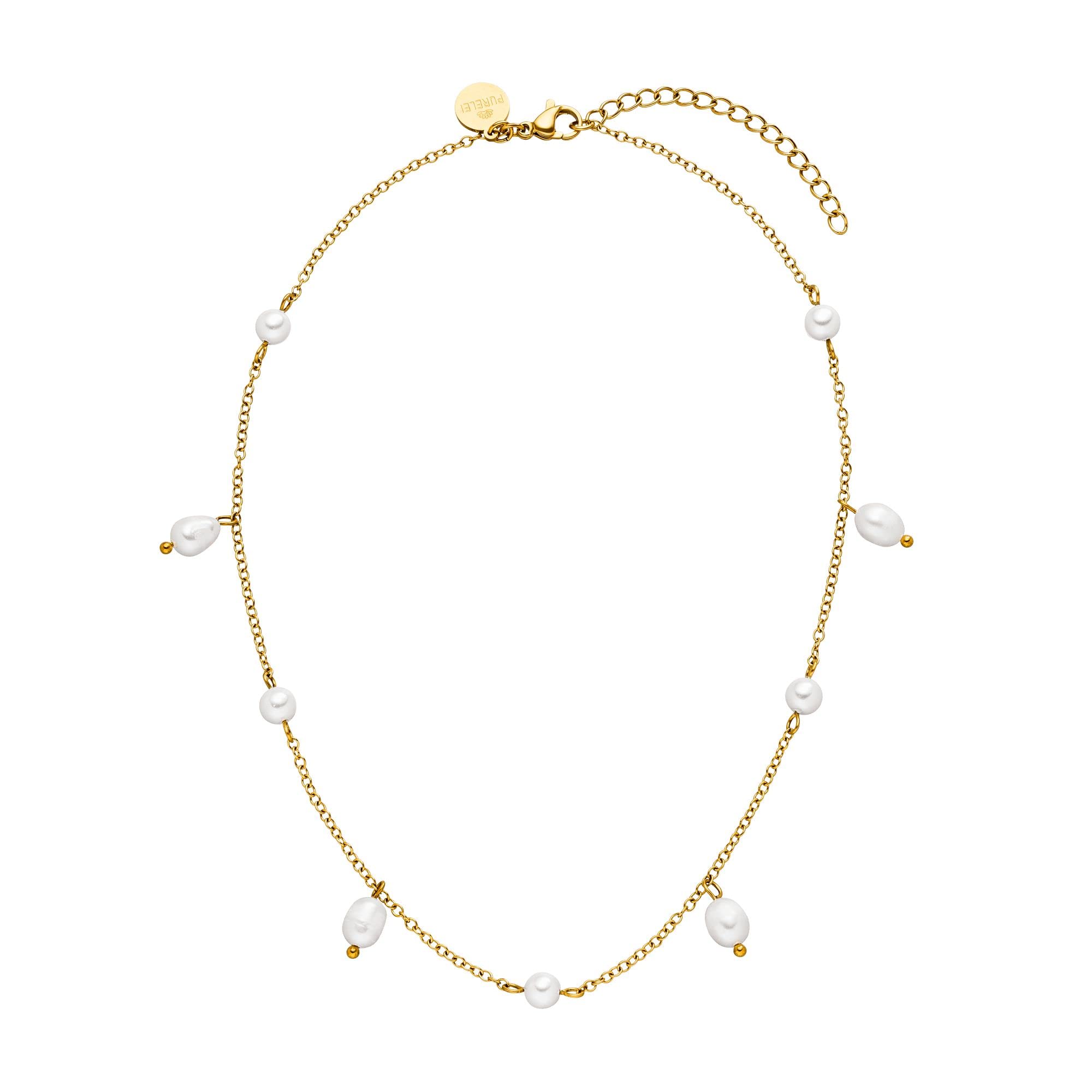 Purelei Pearl Drop Collana Con Perle Acqua Dolce – Acciaio Inox Oro 18kt, Regolabile 35-40 Cm