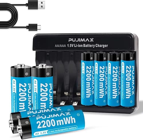 Baterías recargables AA de litio con cargador, batería recargable de iones de litio AA de 1.5 V de 2200 mWh, 1500 ciclos, carga rápida de 1.5 horas,
