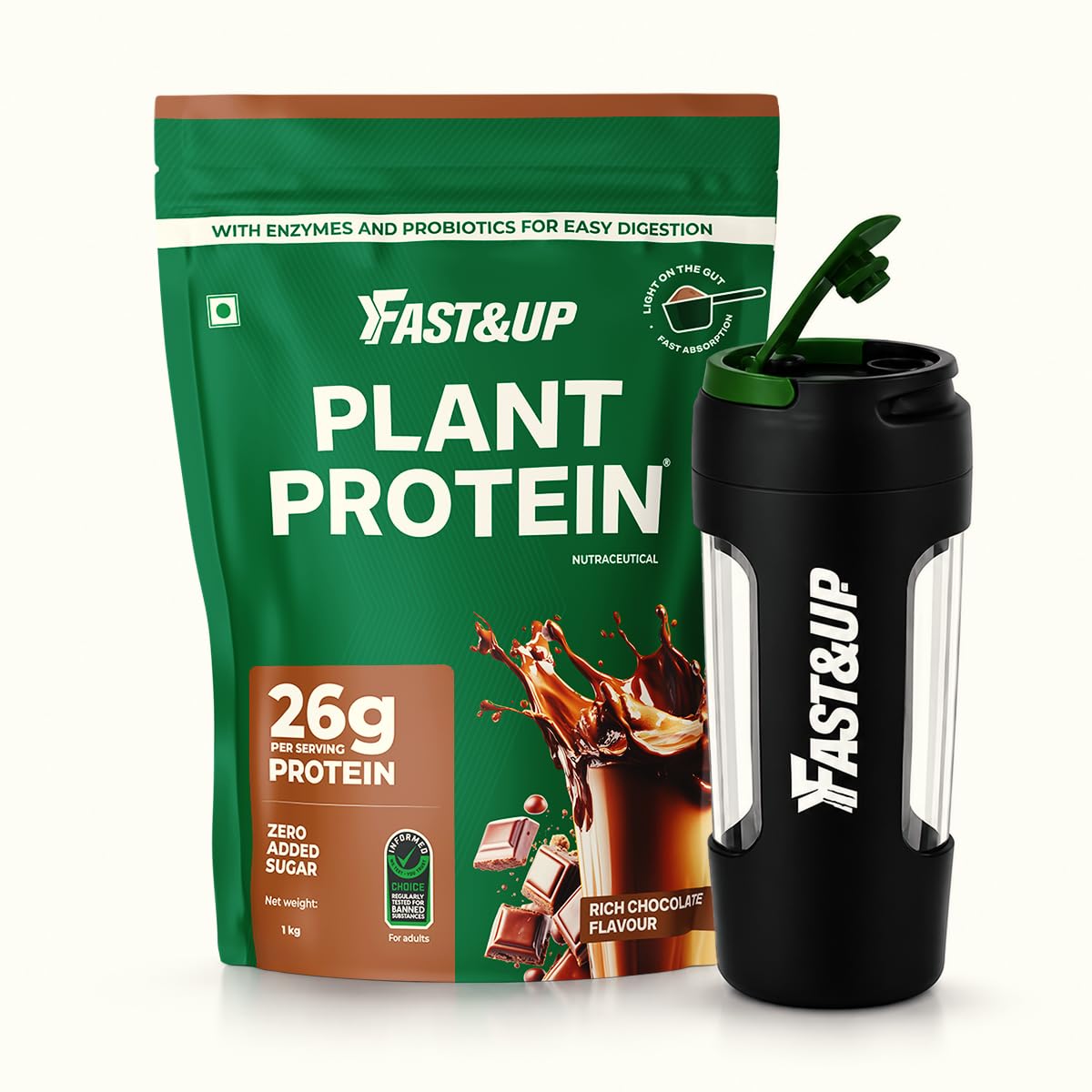 Fast&Up Plant Protein Powder (1kg Rich Chocolate) + FAST&UP 600ml Protein Shaker Bottle | High Protein Vegan Nutrition Bundle-image-4