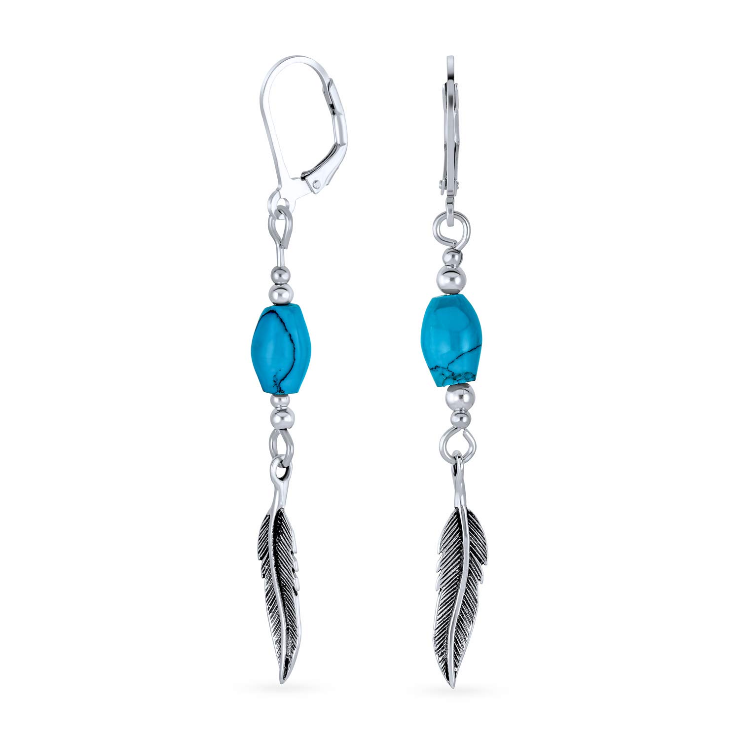 Orecchini A Forma Di Piuma E Foglia In Stile Nativo Americano Del Sud-Ovest Con Gemme Di Turchese E Corallo Gioielli Western Per Donne E Adolescenti In Argento Sterling .925 Con Chiusura A Leva