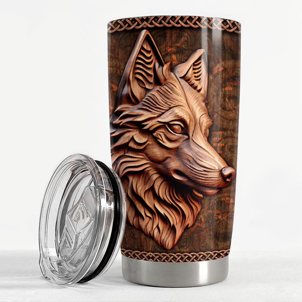 SANDJEST Wolf Tumbler 20oz Wolf Wood Drawing Stainless Steel Insulated Tumblers Coffee Travel Mug Cup Wolf Gift for Men Boys Gifts for Birthday Christmas