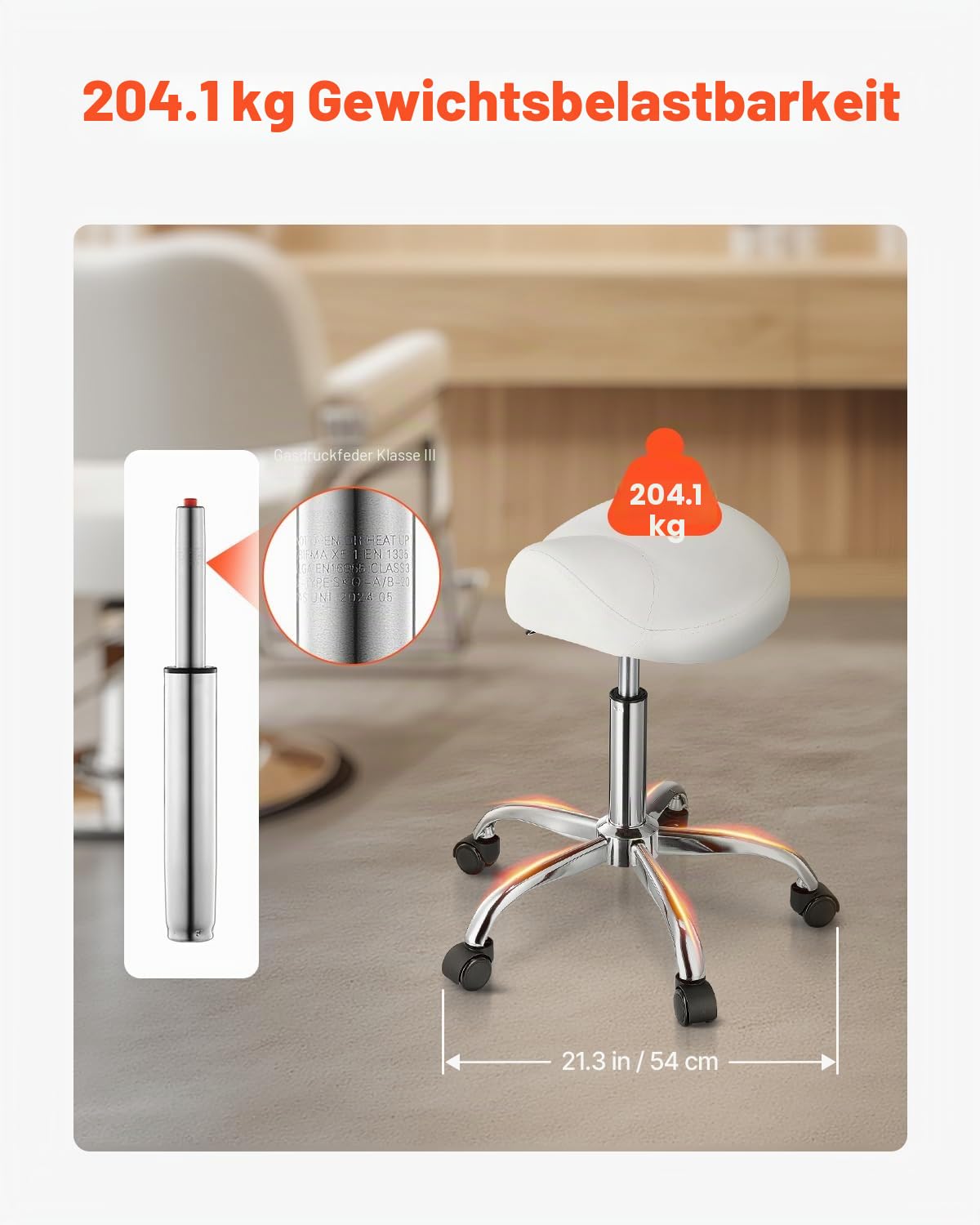 VEVOR Sattelhocker Rollhocker 204 kg belastbarer höhenverstellbarer (55-71 cm) Drehhocker Arbeitshocker, ergonomischer verdickter PU-Leder-Drehsattelstuhl für Salon Spa Massage Klinik, Weiß
