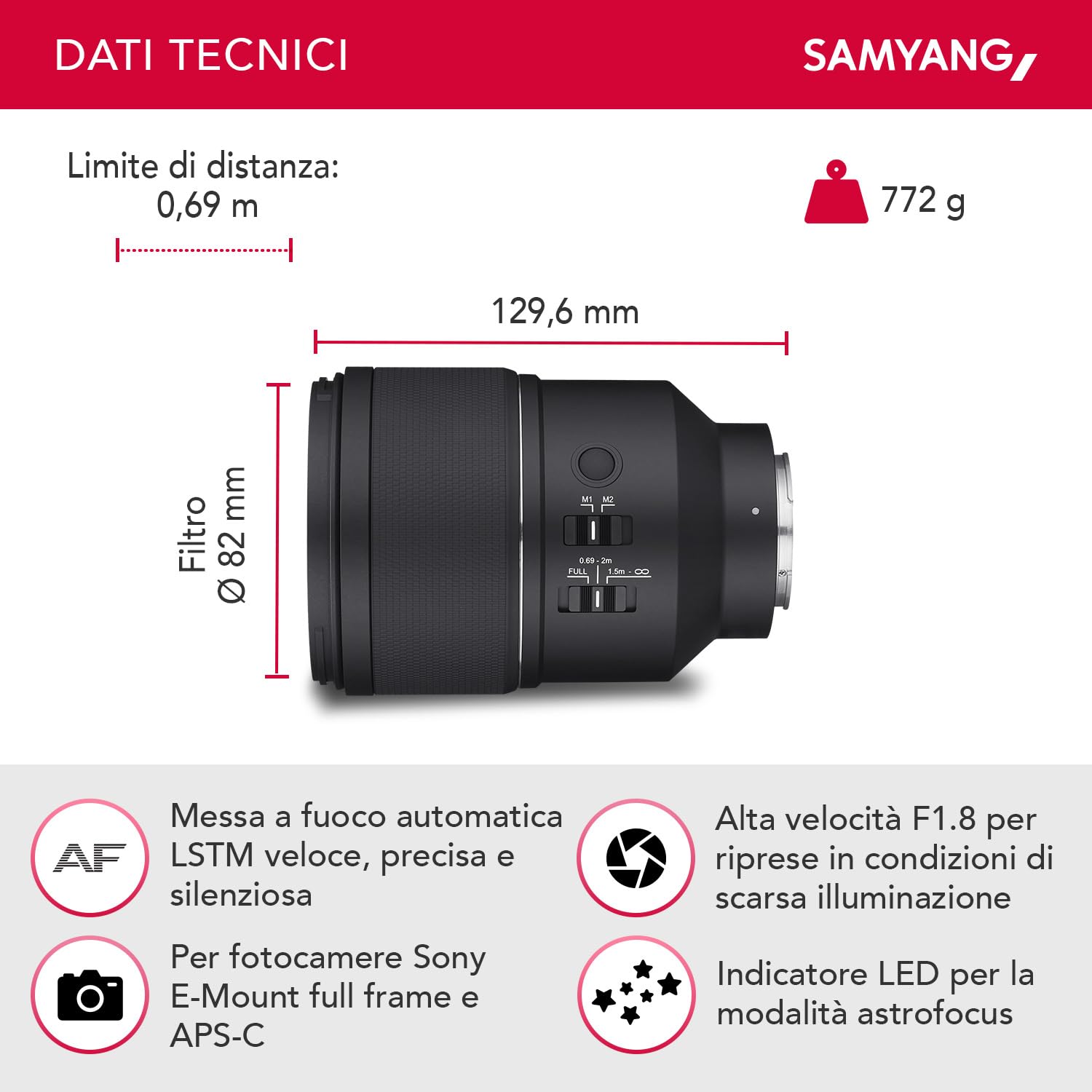 Samyang AF 135mm F1.8 FE Sony E Autofoco Full Format - Dettaglio