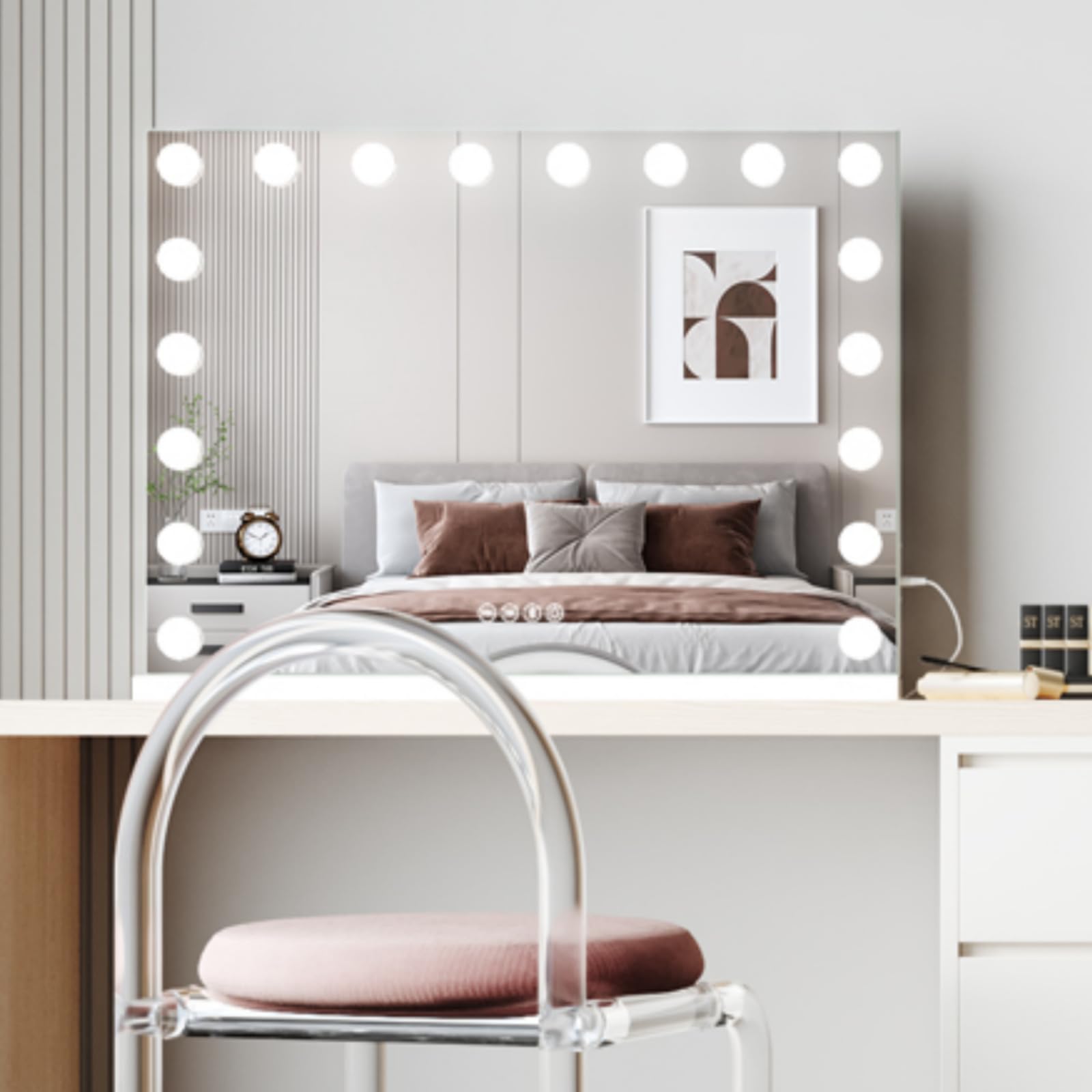 Specchio Trucco LED 80x60cm - Luci Hollywood 18 LED, Bluetooth, 3 Colori Regolabili - Montaggio Parete/Tavolo - Ideale per Makeup Professionale
