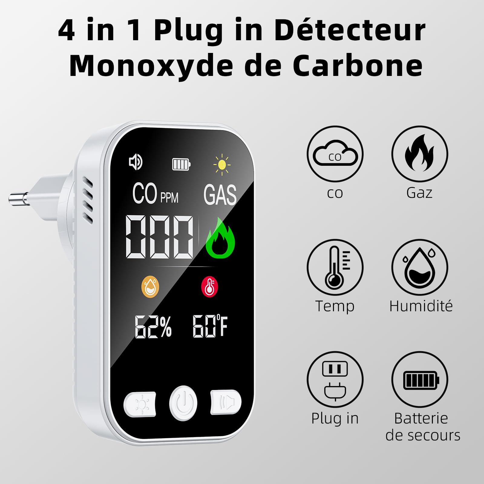 4 in 1 Plug in Détecteur Monoxyde de Carbone,Alarme de CO Portatif,Detecteur de Gaz avec Batterie 1000mah Rechargeable Intégrée & HD L'écran[CO Temp Humidité]- Norme en 50291-Blanc