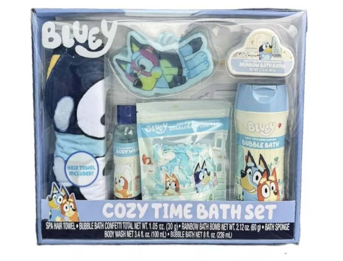 Bluey Cozy Time Bath Set, Hair Towel, Bubble Bath, Rainbow Bath Bomb, Bath Sponge, Body Wash