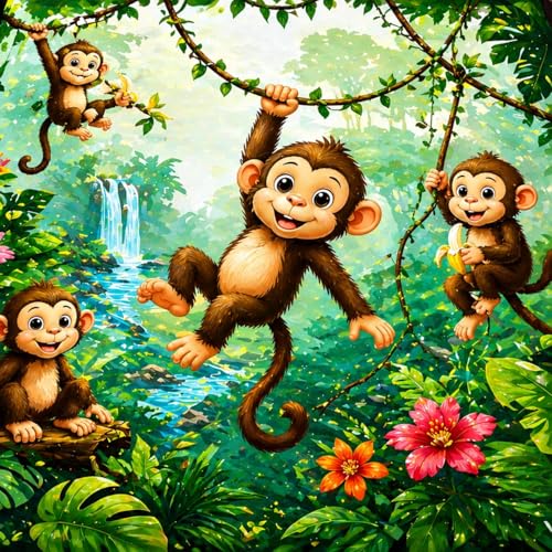 Image of RUMPS 7D Cartoon Monkey Printed Flat Bedsheet King Size 90x100 Inch with 2 Pillow Covers 16x26 Inch | Kids Cartoon Bedsheet | Soft Microfiber Double Bedsheet