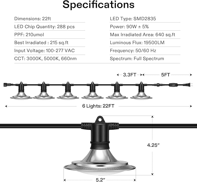 Lámpara de Cultivo LED VIVOSUN, 6 Luces, Espectro Completo, 90W miniatura 2