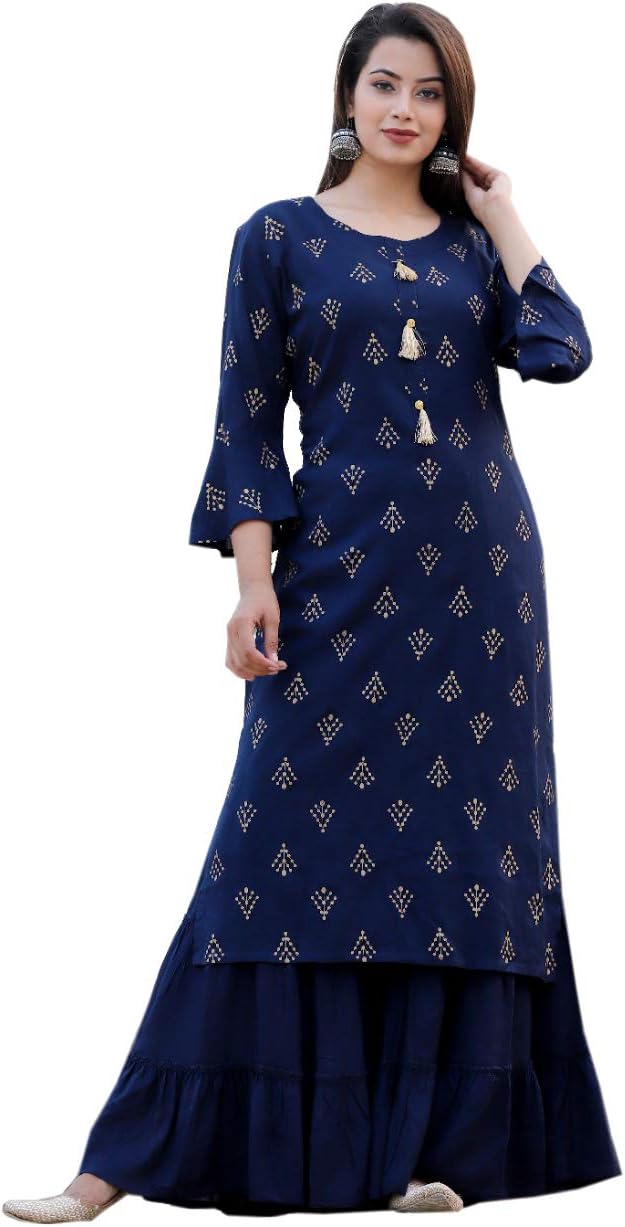 CelebravoWomen's Printed Rayon Kurta and Sharara set