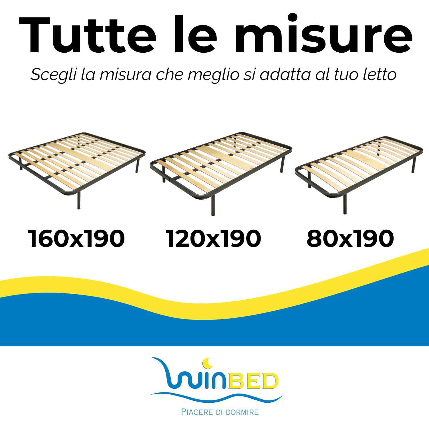 Win Bed - IDEALE - RETE MATRIMONIALE 160x190 Ortopedica a Doghe in Legno – Telaio in Acciaio Rinforzato con Piedi Antiscivolo Smontabili