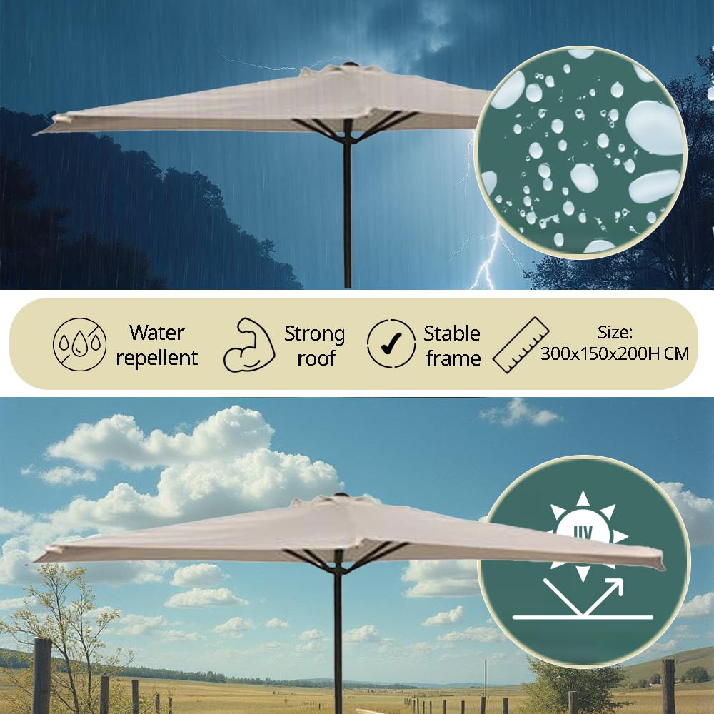 Ombrellone Mezzaluna 300x150x250h da Muro e Parete Palo Ø38 mm - Salvaspazio, Terrazzo, Balcone, Manovella, Protezione UV, Parasole, Idrorepellente - Base Inclusa
