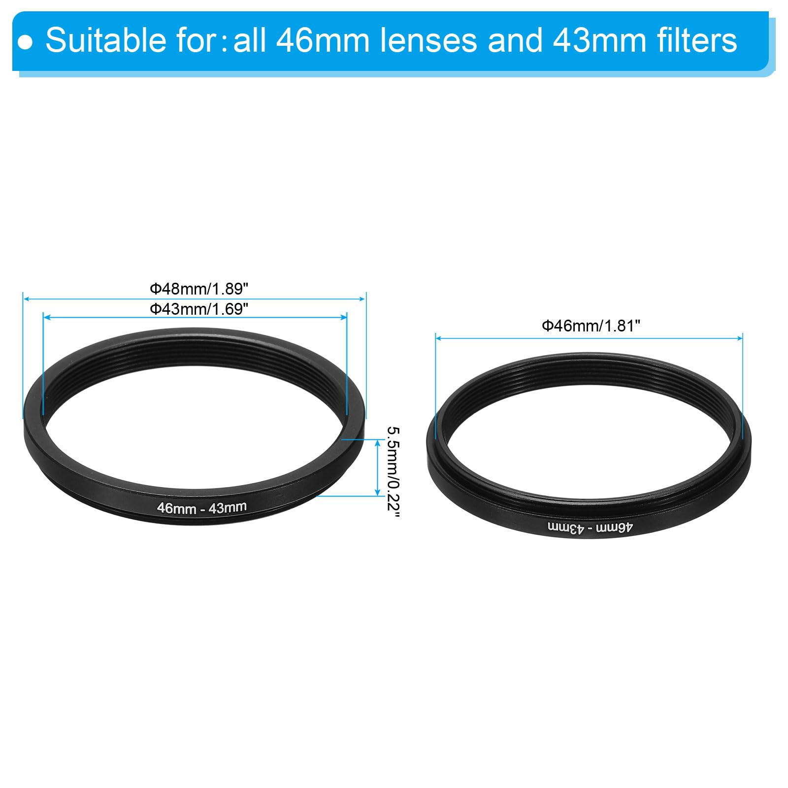 PATIKIL 46mm-43mm Metal Step Down Ring, Camera Lens Filter Adapter Ring Aluminum Filter Adapter Ring for Camera Lenses Hood, Black
