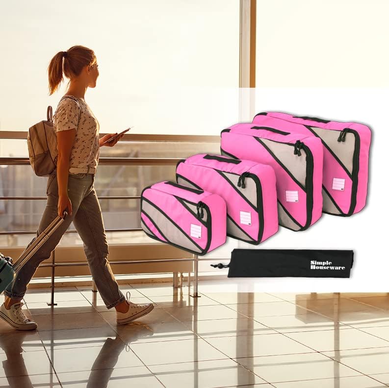 Miniatura 4 de Simple Houseware Juego de 4 cubos de embalaje, organizadores de viaje con bolsa de lavandería, color rosa, Rosado