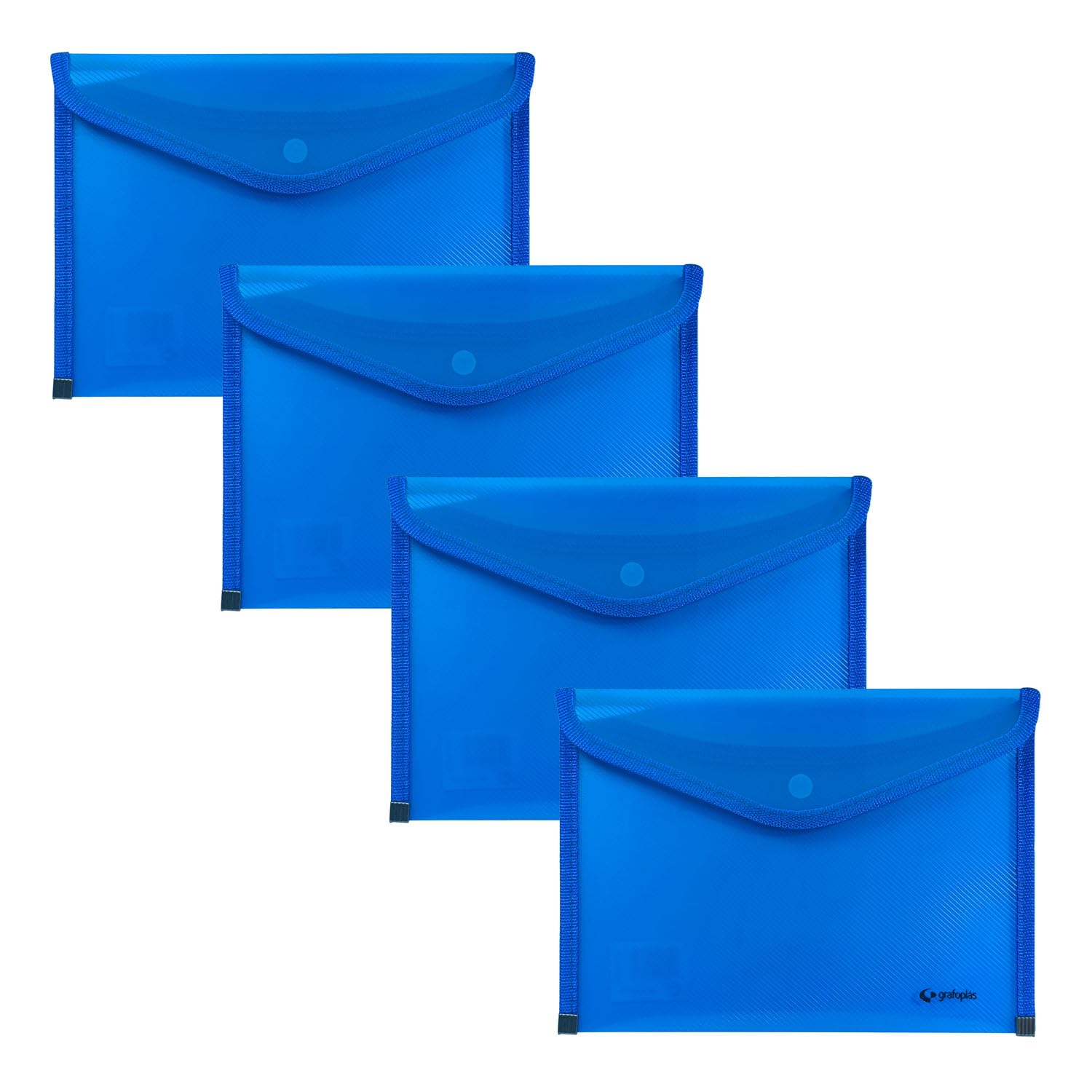 Grafoplas - 4 Sobres Portafolios Plastico Tamaño Cuarto con Cierre Botón, Ribete Tela, 24,5x17,5cm, Color Azul Traslúcido, Para Documentos Pequeños A5 o menos, Perfecto como Portafolios en Oficina