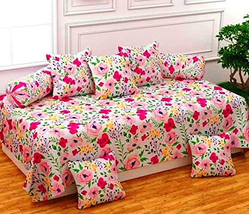 WELLNEST Microfibre Unique Patterns Diwan Set Covers Bedsheet 2 Bolsters and 5 Cushion Covers (8 Pcs, 1, White)-image-21