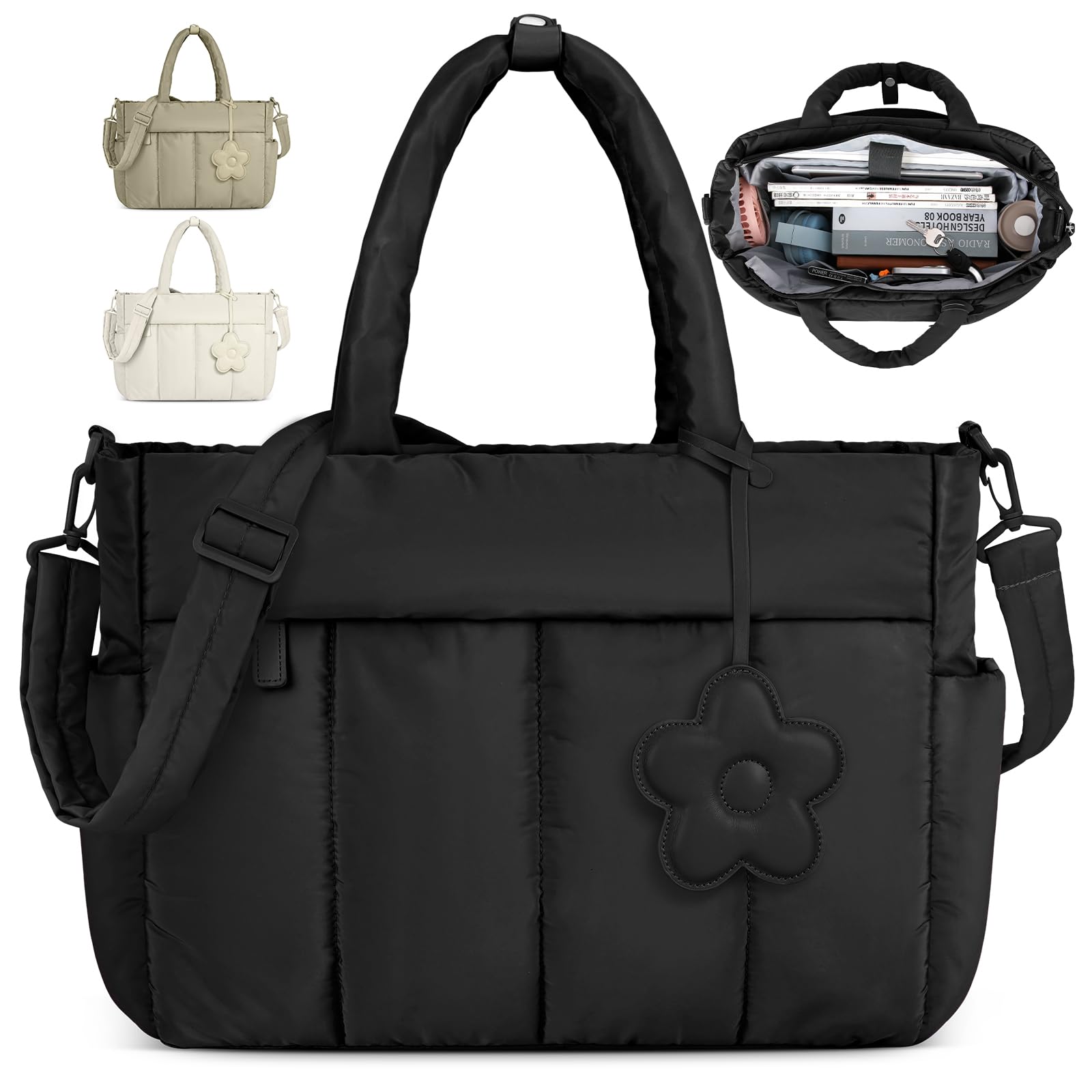 RAINSMORE Laptop Tote Bag for Women 15.6 Inch Lightweight Puffer Work Tote Bags Large Quilted Travel Tote Teacher Nurse Bag Black