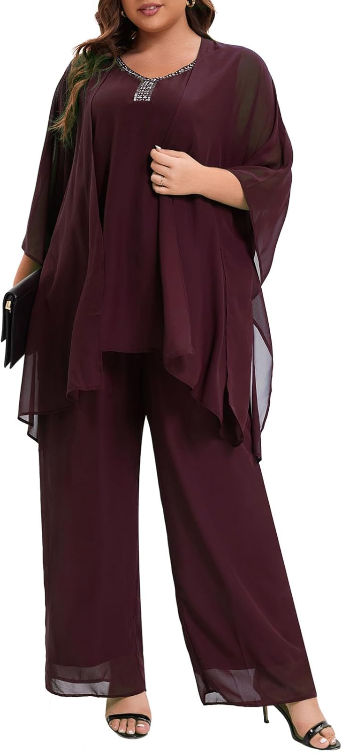 Plus Size Mother of Bride Pant Suits 3 Piece Chiffon Party Sets Handmade Sequins Wedding Guest Outfit