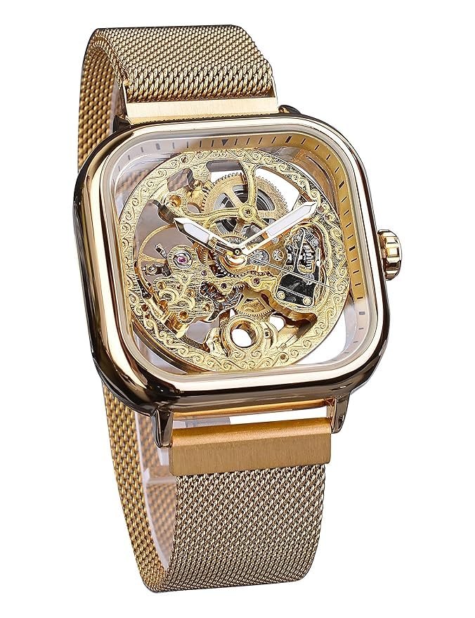 Image of Luxury Automatic Mechanical Watch, Square Skeleton Dial, Stainless Steel Mesh Band, Self-Winding Movement, Classic