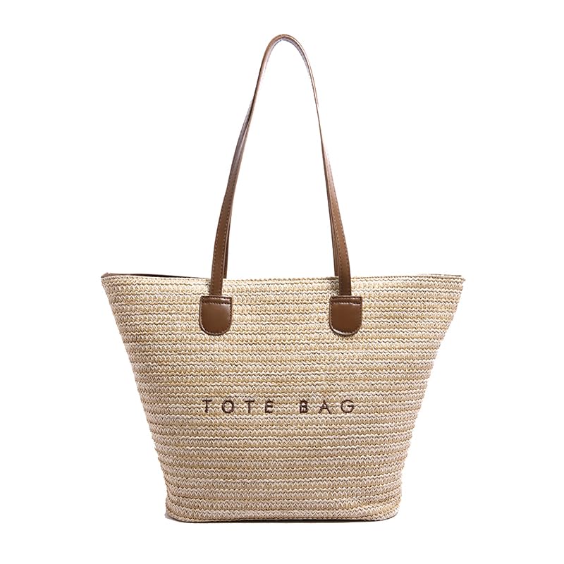 Women Elegant Woven Handbag Large Capacity All-Match Shoulder Bag Wear Resist Seaside Straw Shoulder Bag Travel Vacat