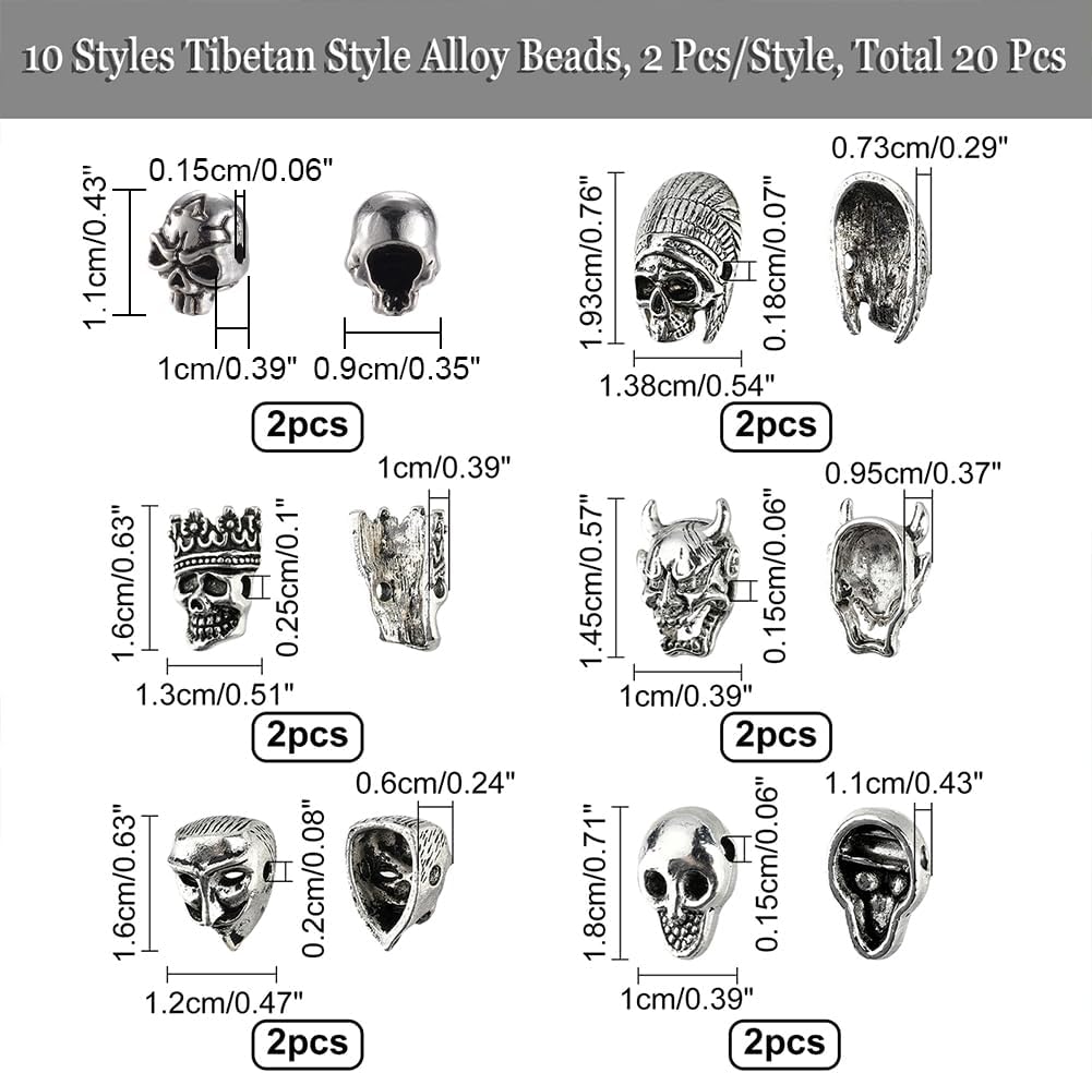 NBEADS 20 Pcs 10 Styles Tibetan Style Alloy Skull Beads - 10 Skull, 4 Devil, 2 Buddha Charms for Halloween Gothic Punk Jewelry Making - Image 3