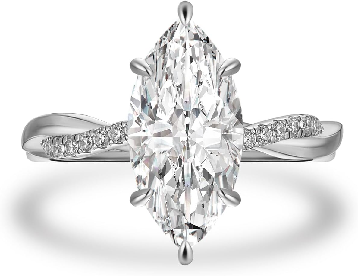 3 Carat Marquise Cut Moissanite Engagement Ring for Women, Lab Created D Color VVS1 Clarity, 14K Gold/18K White Gold Plated S925 Sterling Silver Twisted Band Ring