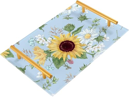 Bandeja organizadora de tocador de baño, girasoles y flores silvestres estilo acuarela, bandeja decorativa con asas, almacenamiento de encimera para