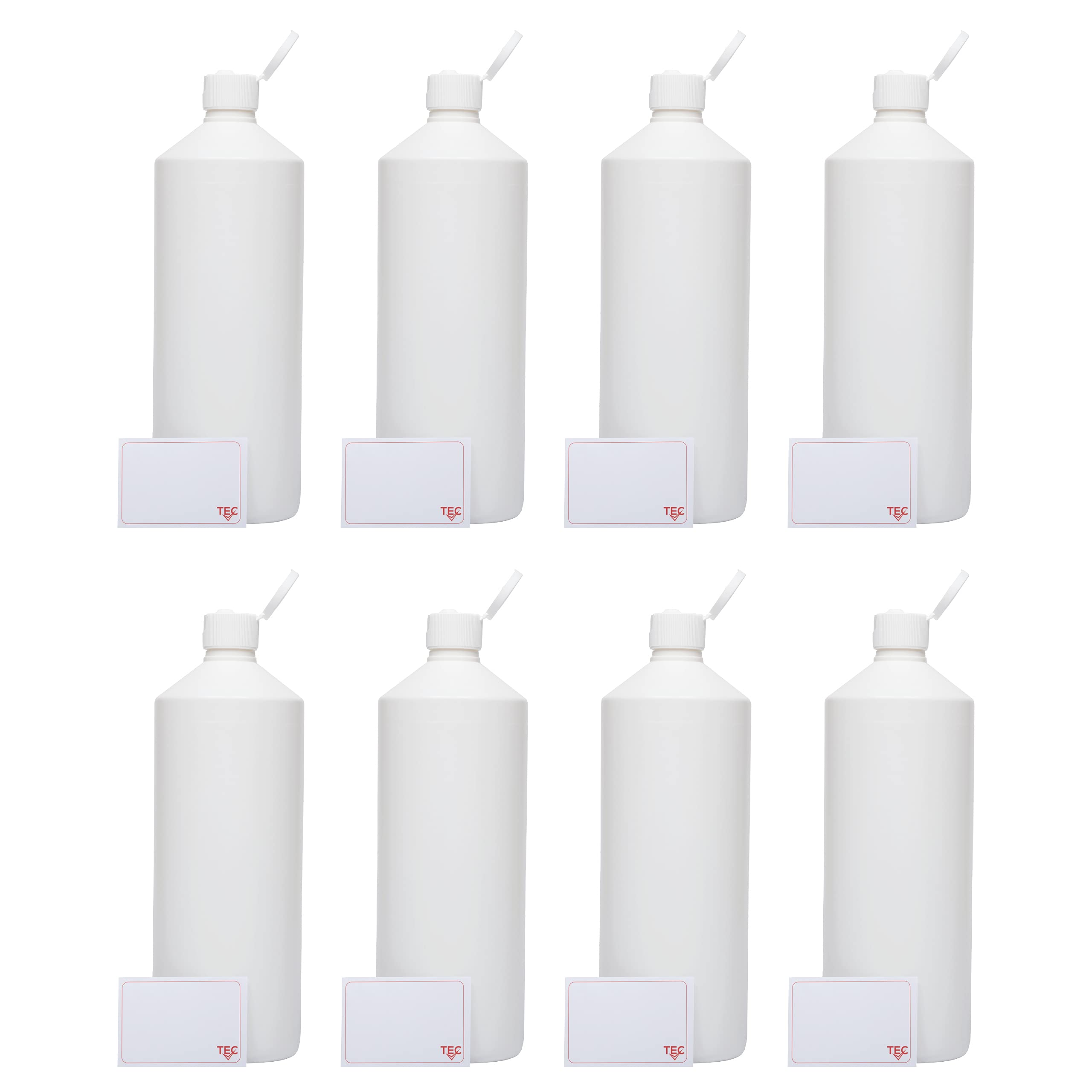 Tec Chemicals Plastic Bottles Empty Containers 1 Litre 8 Pack HDPE 28mm Neck with Non Leak Flip Caps and Labels for Water Chemicals Liquid Refillable Reusable Carrier 30 Percent Recycled, White