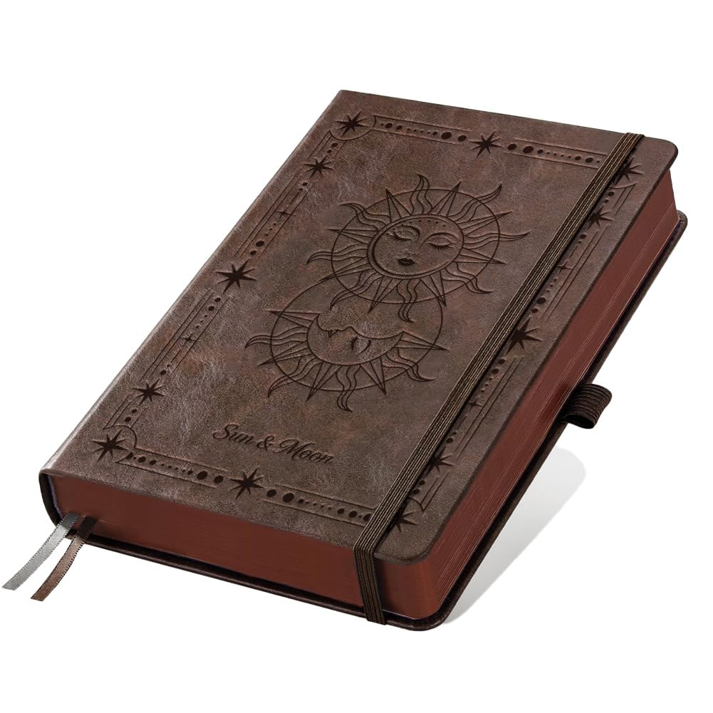 DOODLREAM A5 Gothic Sun Moon Embossed Leather Journal, 300 Pages Lined Notebook, Brown Mystical Pattern Hardcover Notebook for Travel Diary, Business, Work and School Daily Writing