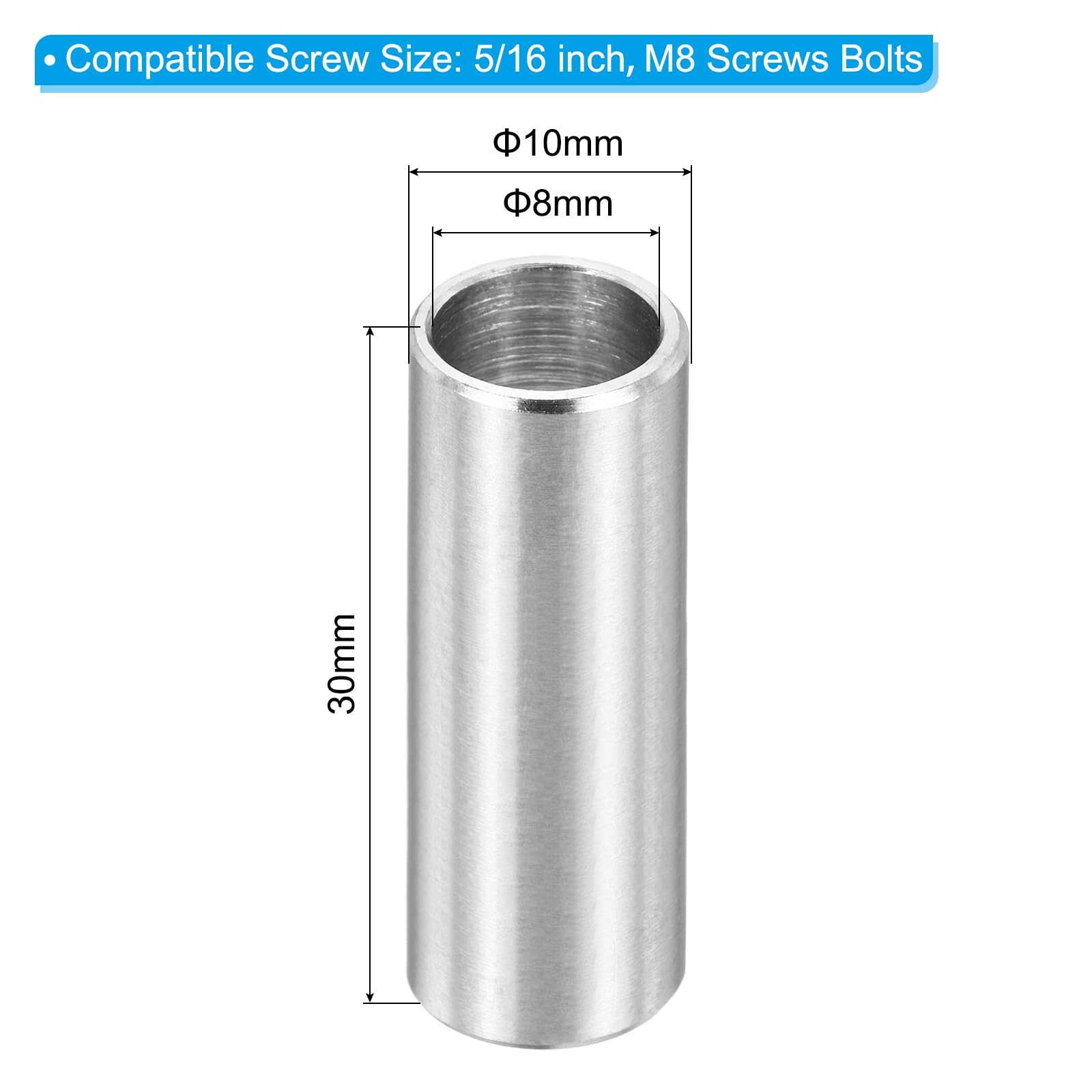 PATIKIL M8 Stainless Steel Spacers, 12Pcs Metal Spacer 8mm ID x 10mm OD x 30mm L Screw Standoff for 5/16" or M8 Screw - Image 2