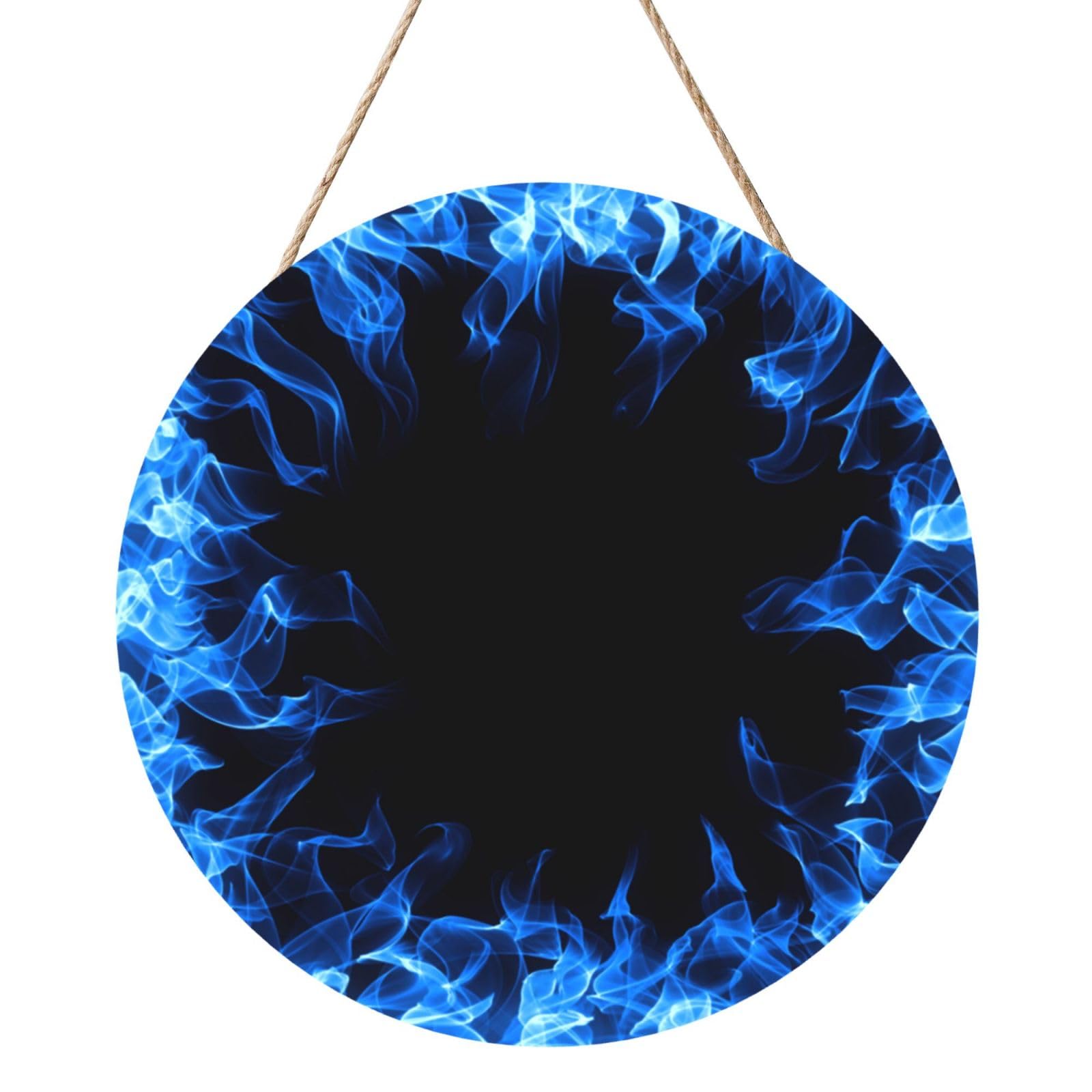 InOmak Blue Flame Circled Around, Round Wood Panel Painting 12 in, Wall Hanging Painting For Home