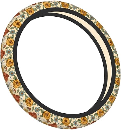 Miniatura 2 de Funda de volante vintage floral hippie de los 70, diseño de hongo retro, cubierta de volante de neopreno antideslizante para mujeres, hombres y