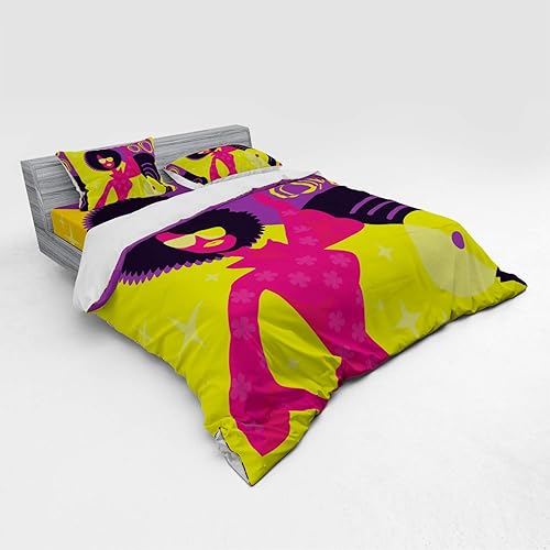 Miniatura 2 de Lunarable Retro Duvet Cover Set, Eighties Poster with Dancing Woman with Afro Hair Disco Record on Backdrop, 4 Piece Bedding Set with Shams and