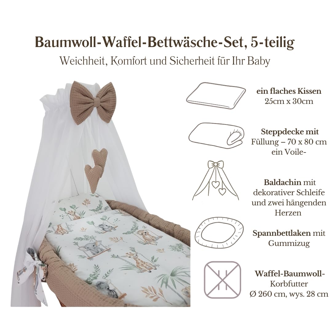 WIKLINOPOL Stubenwagen Lena aus Weide – Babywiege mit Rollen, Matratze, Baldachin & Bettwäsche aus Waffelstoff mit Safari Tiere, handgefertigt, Natur Moseskorb