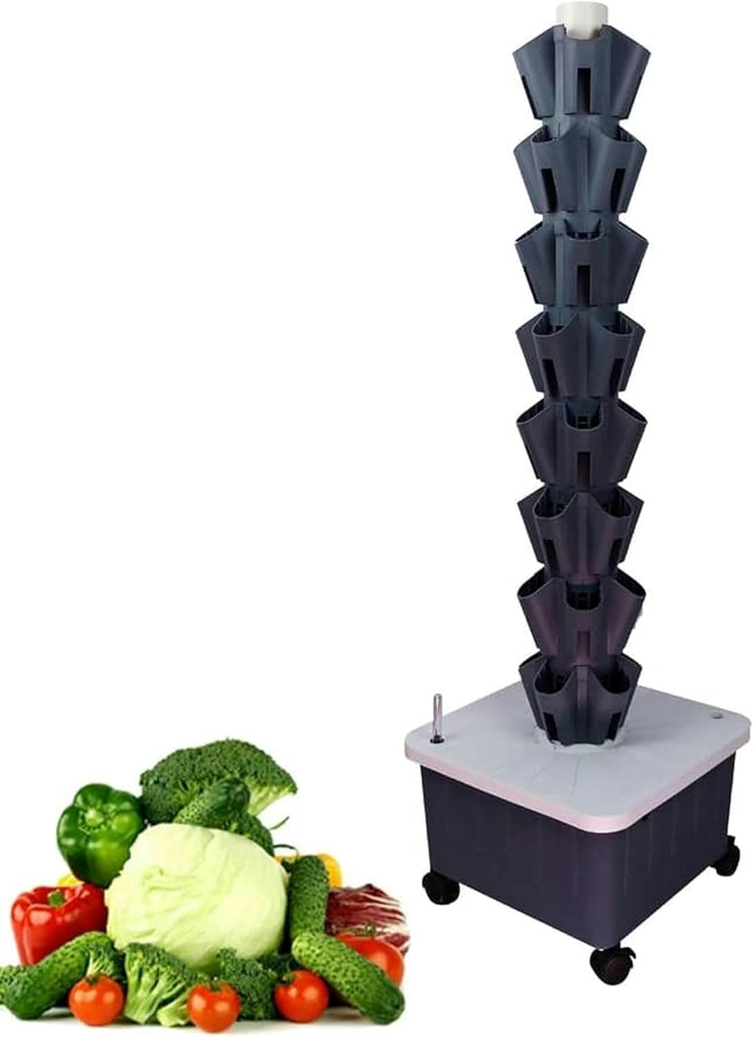 FLTRGO Hydroponics Tower, Soilless Cultivation Growing System, with Water Pump, Nest Basket, Sponge and Movable Water Tank, for Herbs, Fruits and Vegetables, 10 layers, White