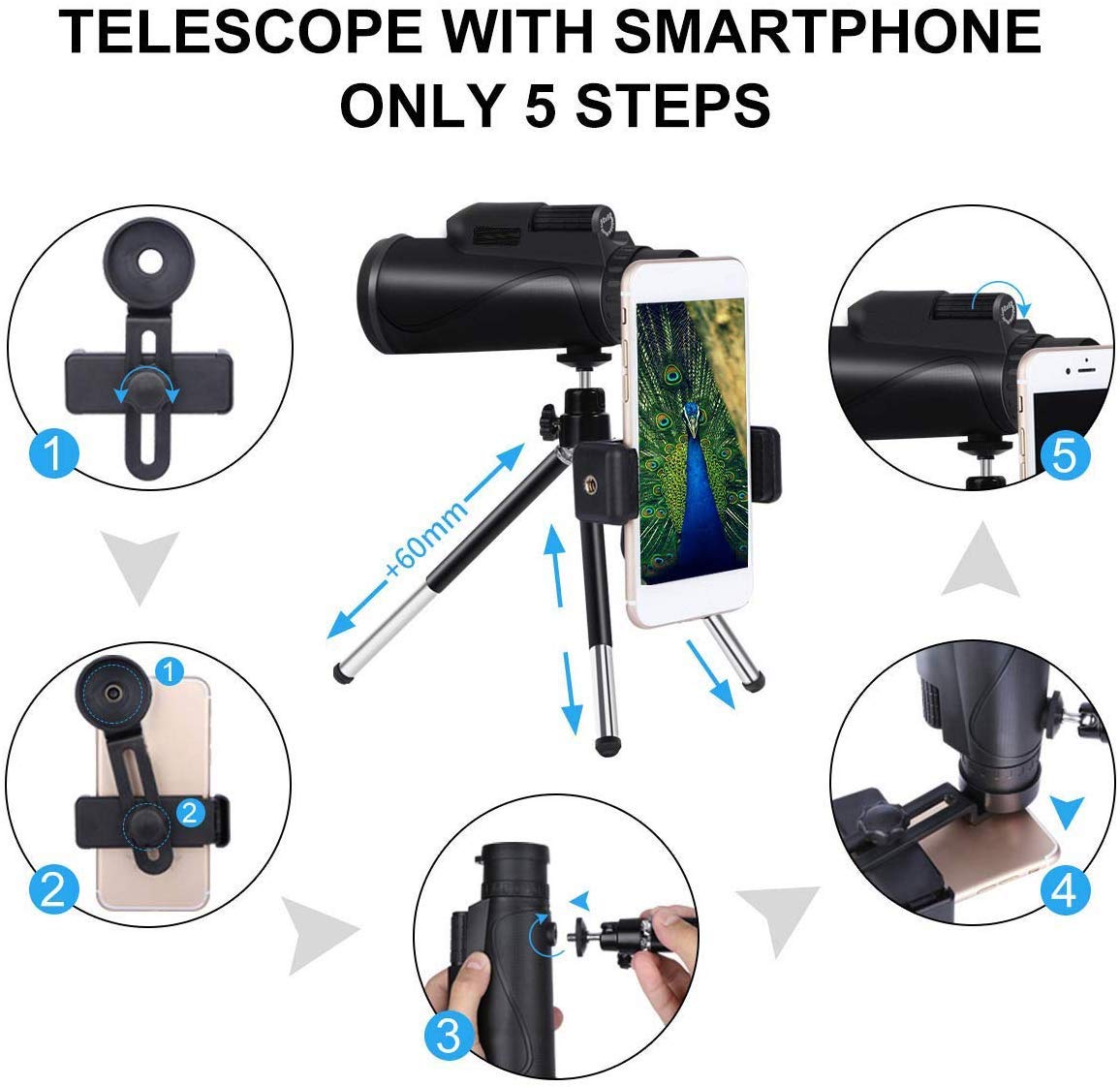 Monoculares Alta Potencia para Adultos, 40x60, compactos, Ideales para observación Aves, Acampada, Deportes al Aire Libre, Viajes, Turismo y observación Aves.