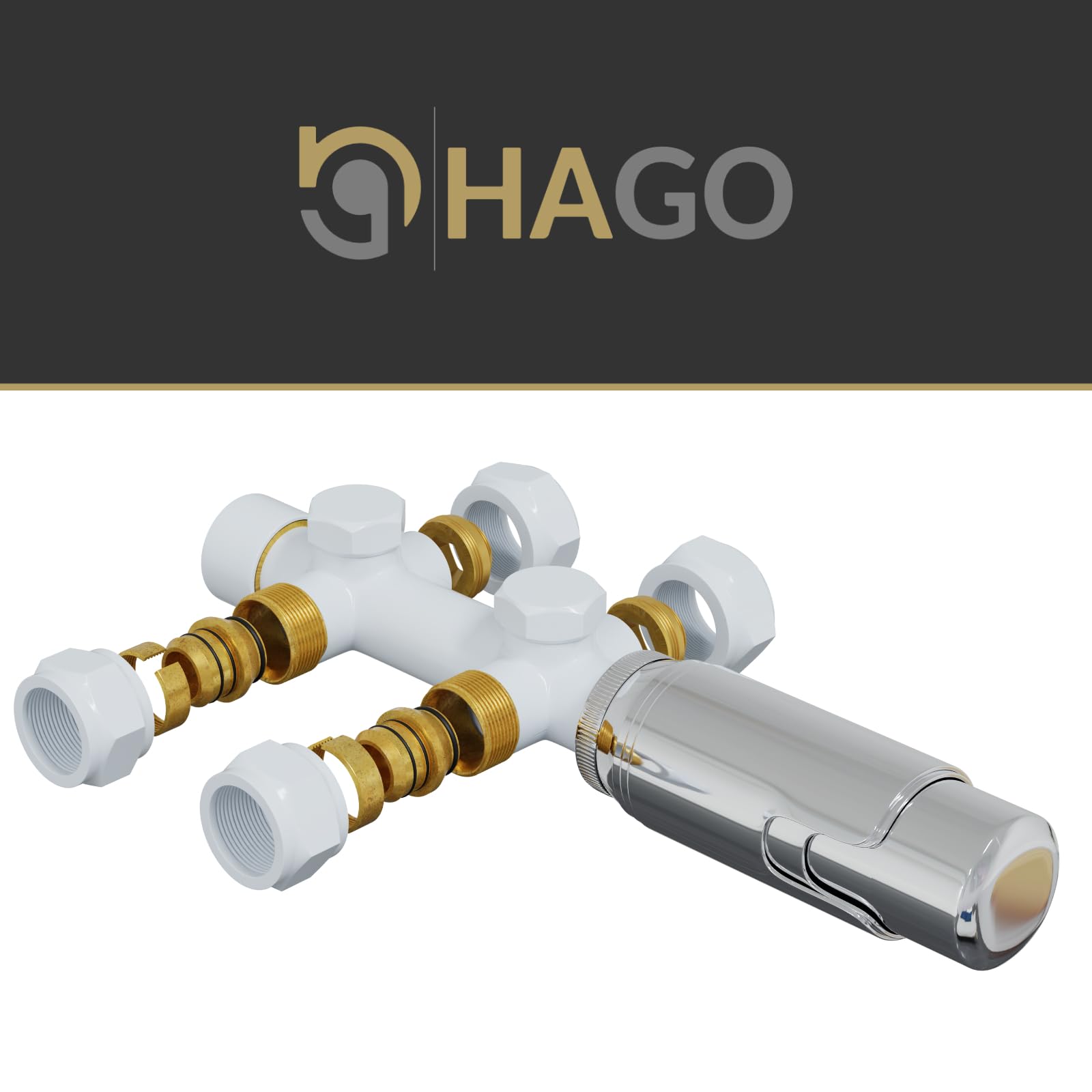 HAGO 24, valvola termostatica, termosifone, attacco centrale da 50 mm, universale, bianco, forma angolare, forma passante, sensore idrosensore, protezione antigelo, 5 livelli