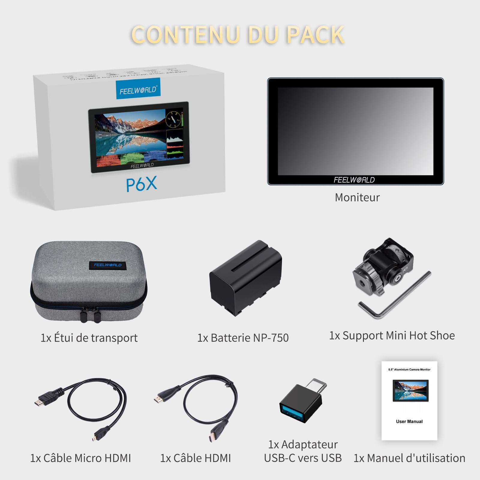 FEELWORLD P6X Moniteur Caméra Écran Tactile 5.5 Pouces 1000Nit Moniteur de Champ de caméra avec 4K 60HZ 3DLUT HDR Forme d'onde Boîtier Aluminium 9:16 Marqueur,Inclut Batterie et Sac
