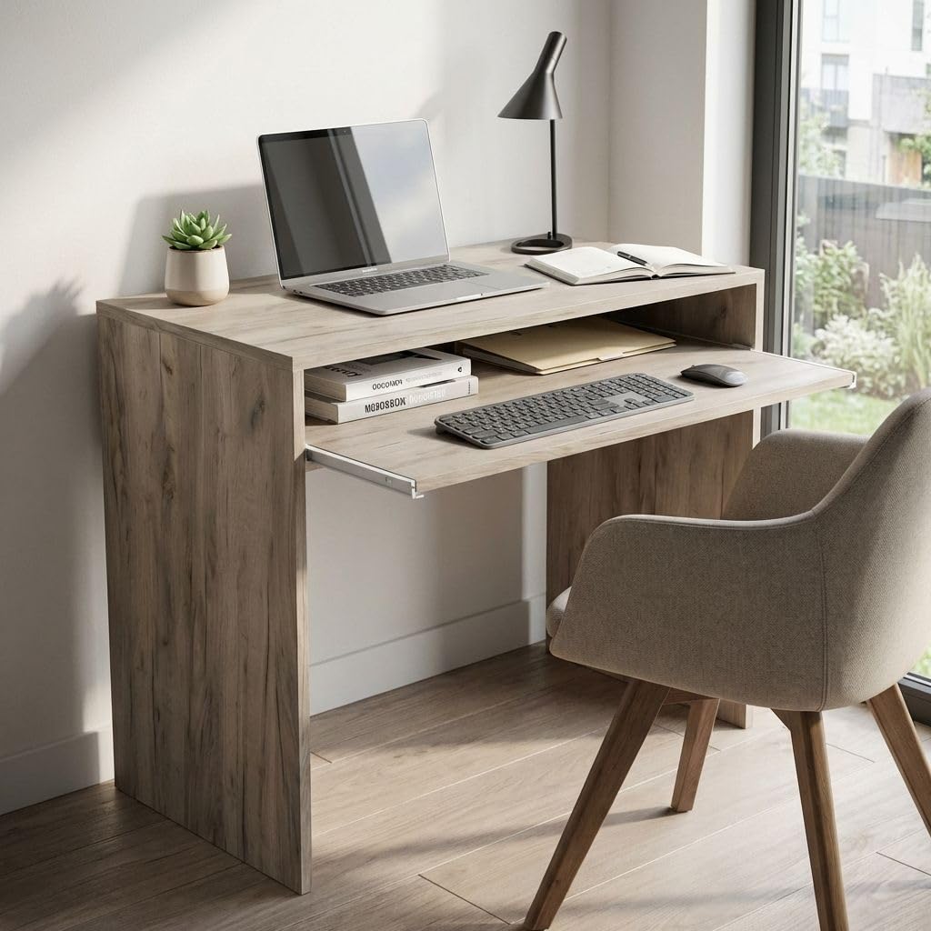 milani home - scrivania moderna 90 x 45 x 74 cm con porta tastiera, rovere grigio, per studio e ufficio