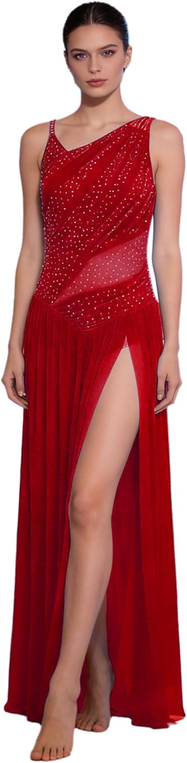 Linjinx Women Lyrical Modern Contemporary Dance Costume for Dancing Class and Stage Sheer Mesh Patchwork Swing