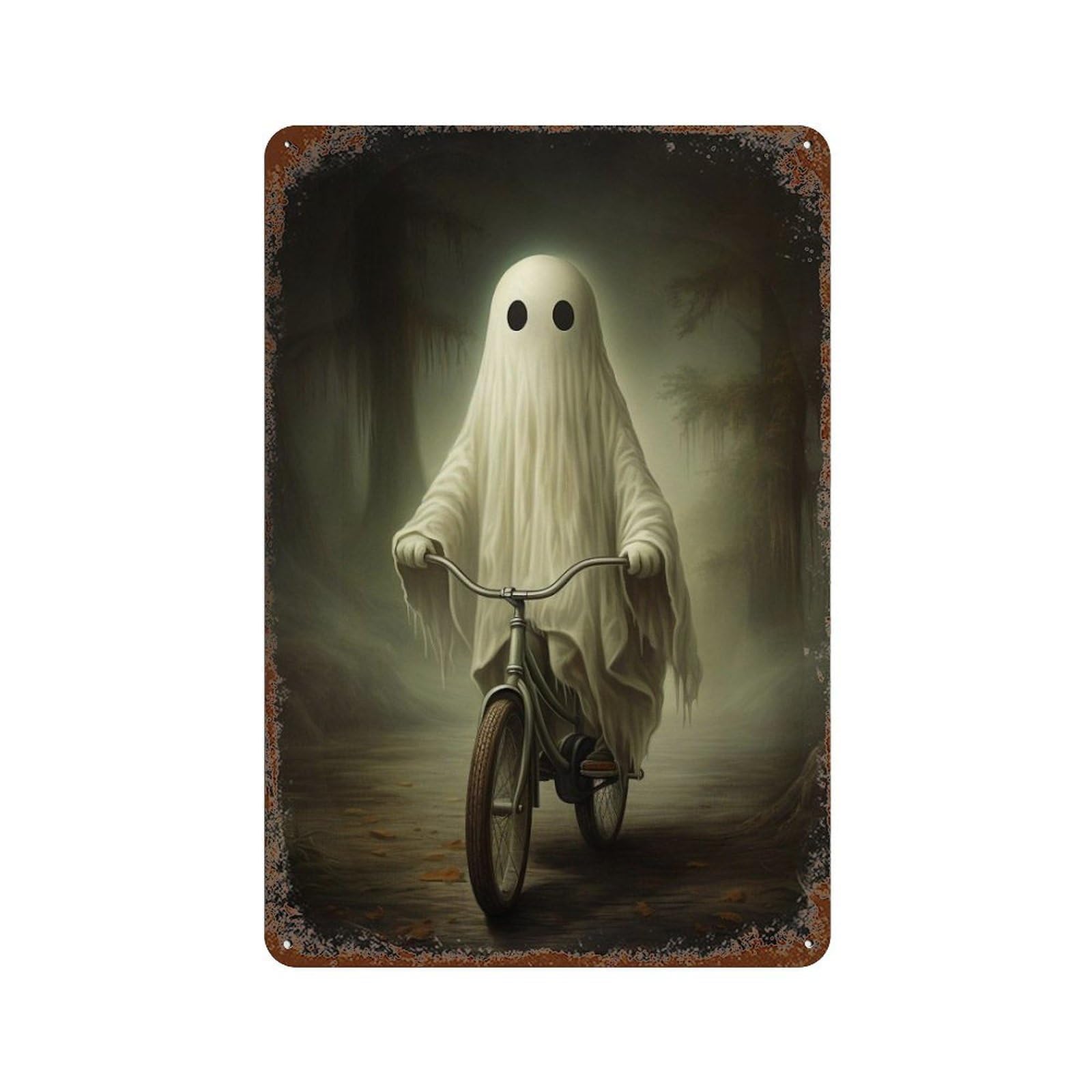 Garage Style Ghost on Bicycle in Forest Distressed Metal Wall Sign 11.8"x7.9", Rustic Home Decor for Bar And Workshop