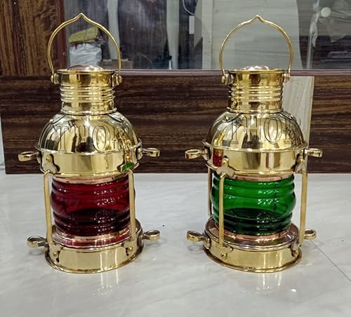 Lanterna in ottone massiccio, stile nautico, fatta a mano, colore rosso/verde, set di 2 decorazioni per la casa rustiche vintage