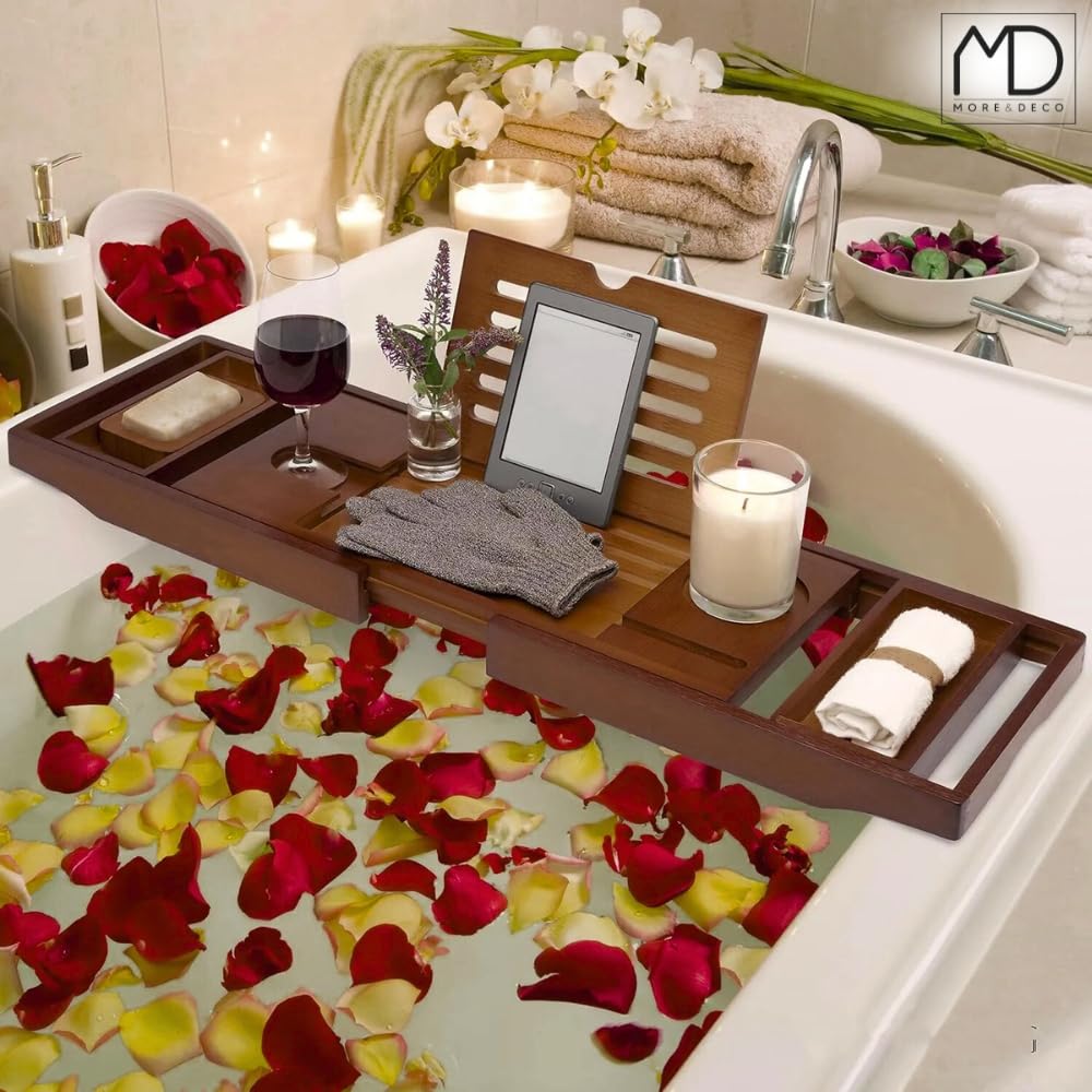 ZOLTA Badewannenablage - Badewannenbrett mit Tablet- oder Buchhalterung - Badewannentablett mit Halterung für Weingläser & Becher - Home Wellness - Badewannenablage aus Bambus Holz - 75-110 x 23 cm