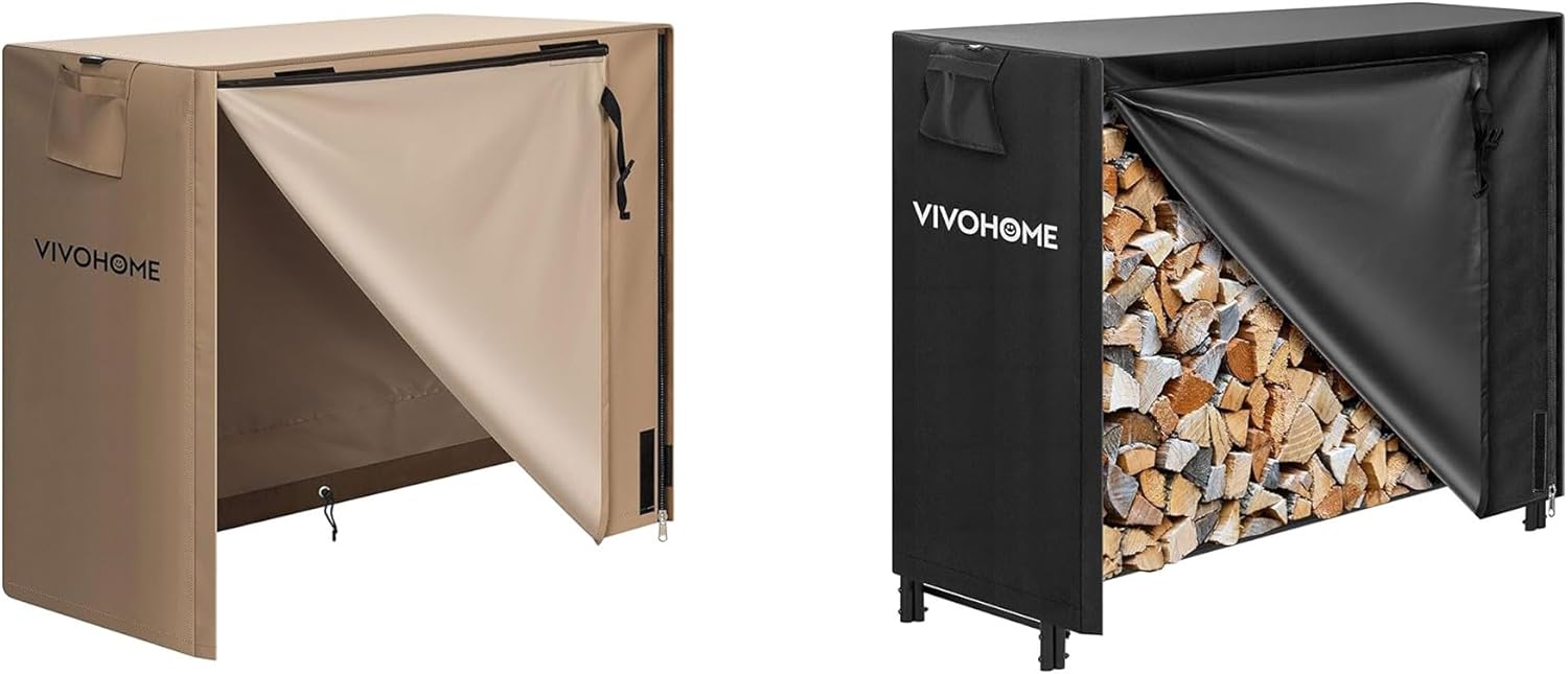 VIVOHOME 4ft Firewood Log Rack Cover, Heavy Duty 600D Oxford, Double Layer Outdoor Weather Resistant, Brown 4ft Heavy Duty Indoor Outdoor Firewood Storage Log Rack and Cover Combo Set