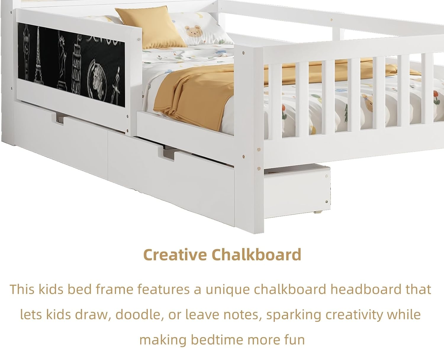 KEIKI Solid Wood Kids Twin Size Bed Frames with Chalkboard, Storage Drawers, Shelves Headboard & Guardrails, Pine Wood Captain Daybed Platform for Small Room, Bedroom, Guest Room, Kids' Room, White