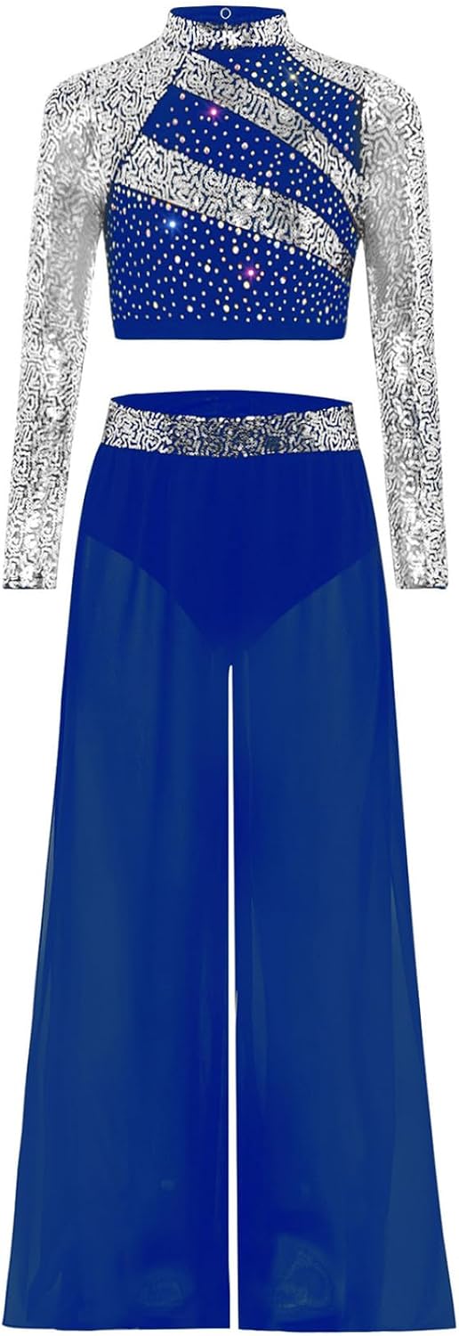 Kids Girls Contemporary Dancewear 2PCS Crop Top with Flowy Wide-Leg Pants Sequin Gymnastics Outfits
