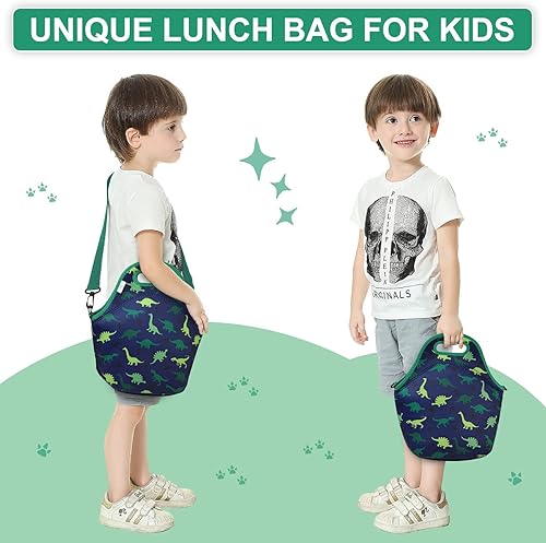 Miniatura 7 de VASCHY Bolsa de almuerzo para niños, bolsa de almuerzo de neopreno ligera para niños y niñas a la escuela, guardería, jardín de infantes, dinosaurio