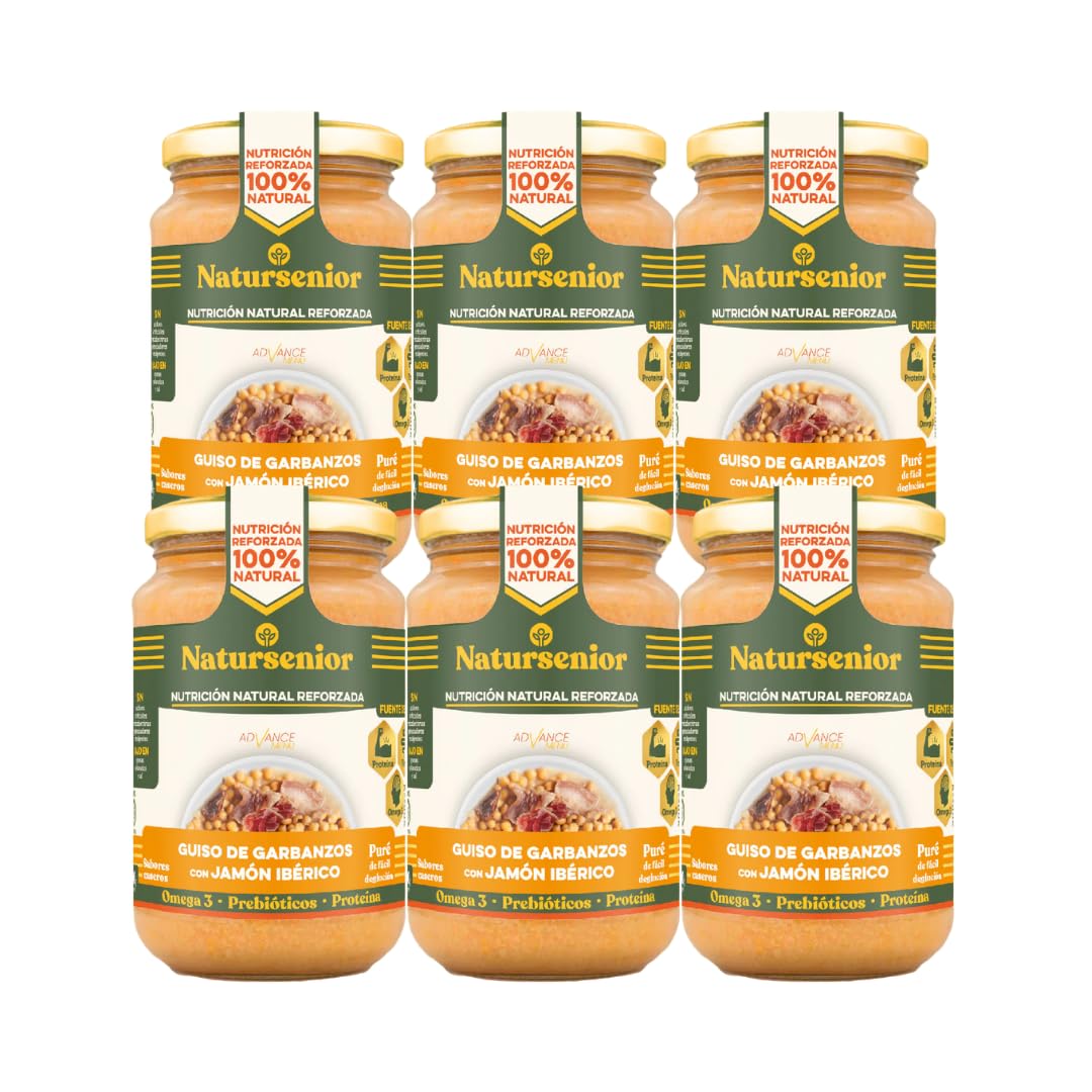 Natursenior - Comida Triturada para Personas Mayores - Pack Puré Guiso de Garbanzos con Jamón Ibérico - 100% Natural, Omega 3, Fibra, Proteína - 6 uds x 340g