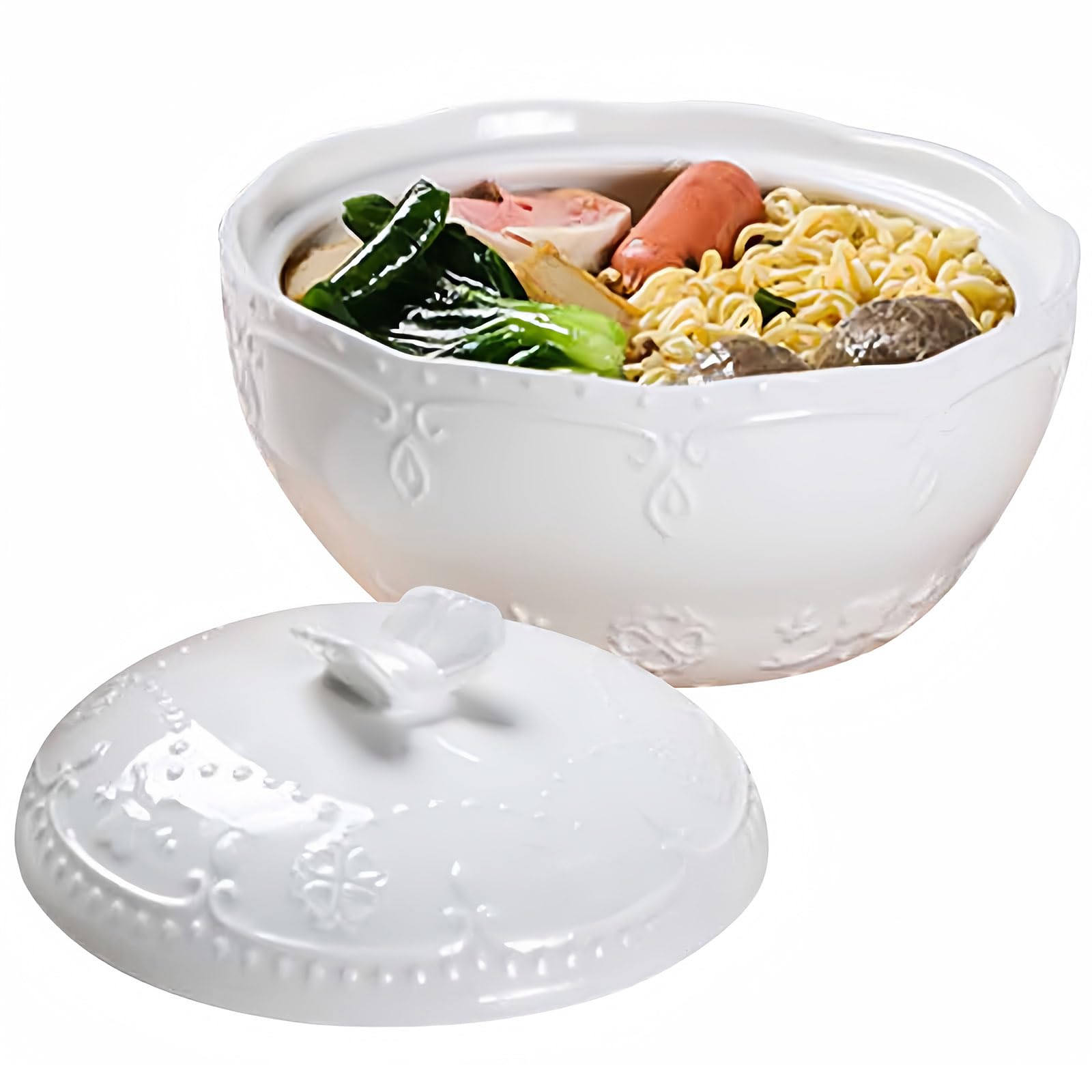 Cuenco de sopa con tapa, cuenco poco profundo, cuenco de fideos Udon, cuenco de cerámica para ramen, cuencos grandes (blanco, 24 onzas)
