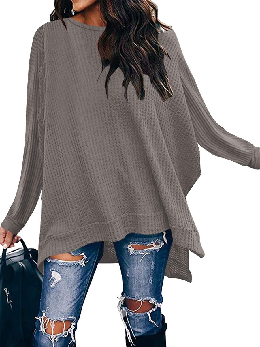 ANRABESS Women's Oversized Crewneck Long Batwing Sleeve Waffle Knit  Lightweight Casual Loose Split Sweater Shirts Tunic Tops