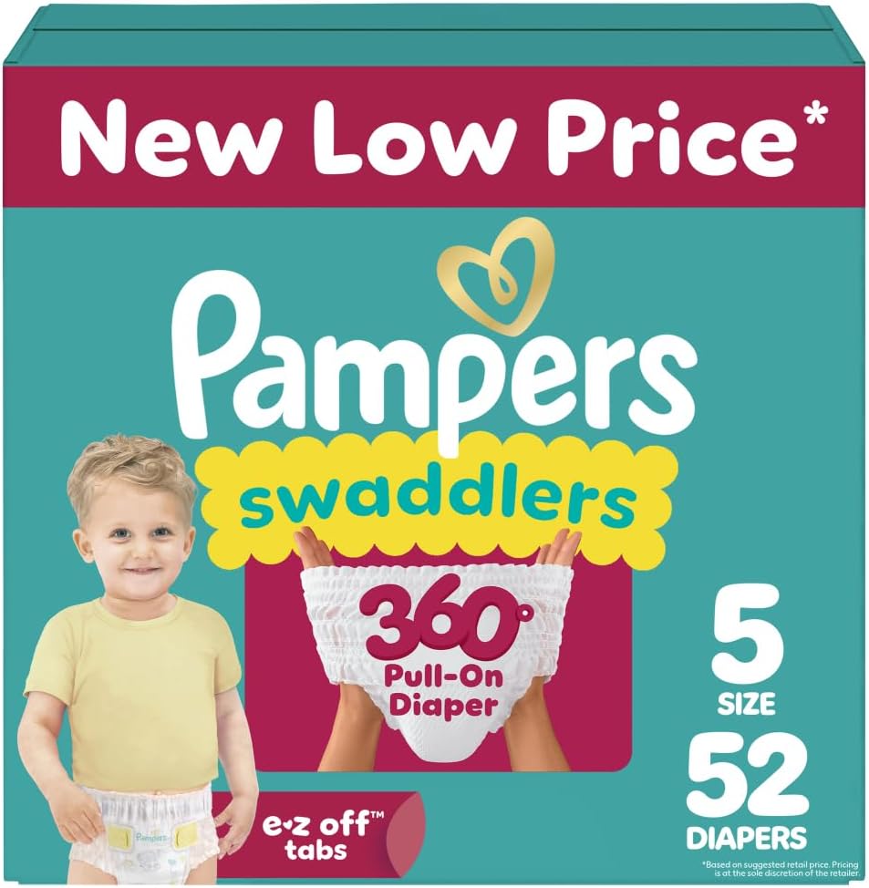 Pampers Diapers - Swaddlers 360° - Size 5, 52 Count, up to 100% Leakproof Comfy Dry Fit, Designed for Easy Changes, Pull On Baby Diaper (Packaging May Vary) Size 5 52